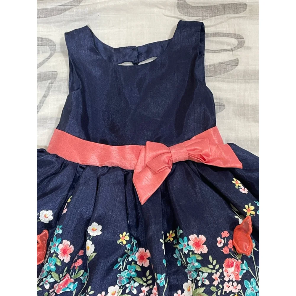 Girls Lilt Formal Dress 4T Navy Blue Floral with Coral Bow